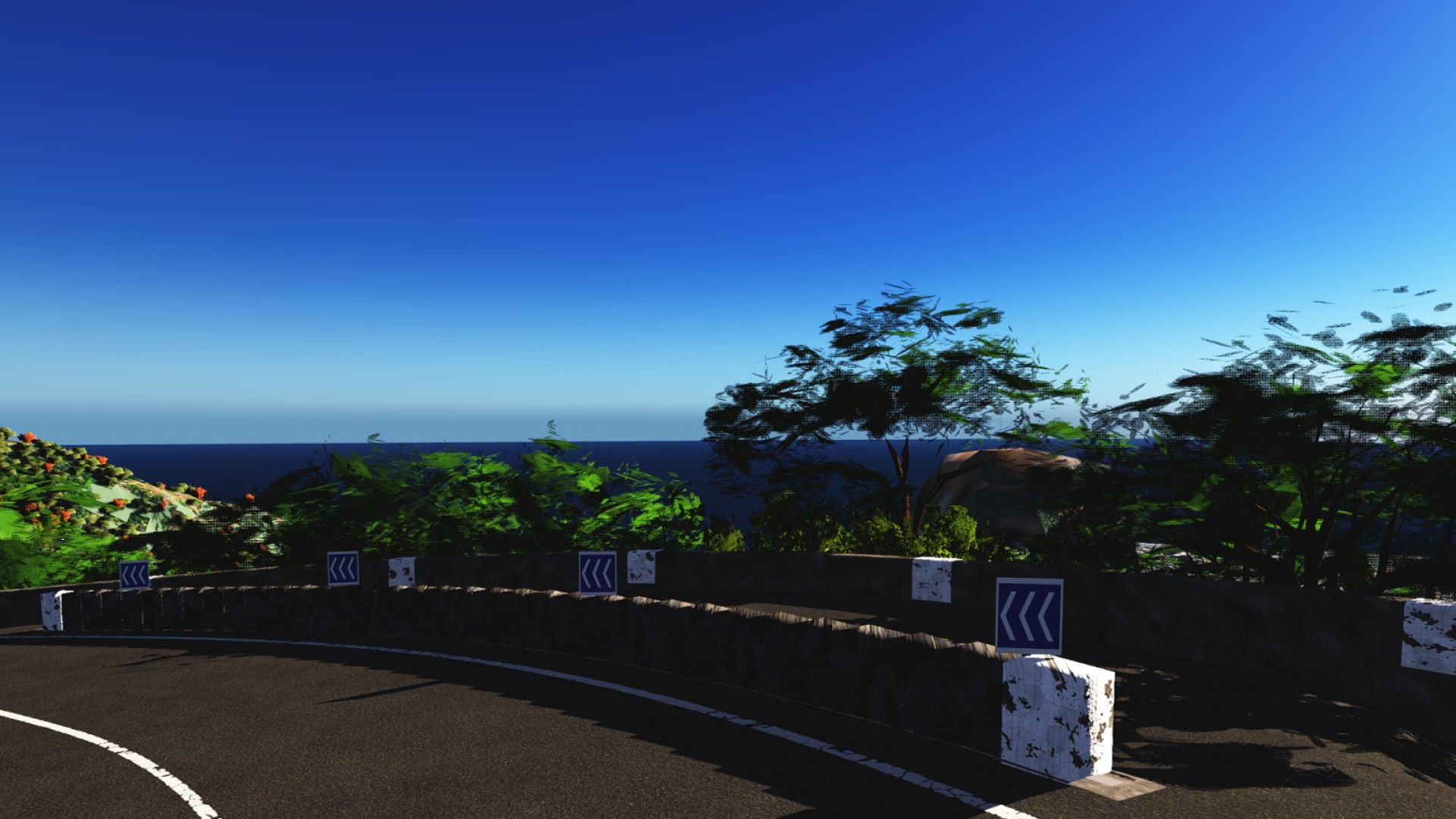 Rendu en jeu : Virage du point de vue, parapets chaulés, km 3,8
